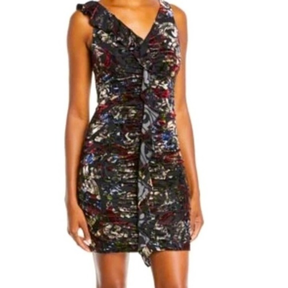 AIDAN MATTOX Floral Burnout Velvet V-neck Ruched Tank Dress